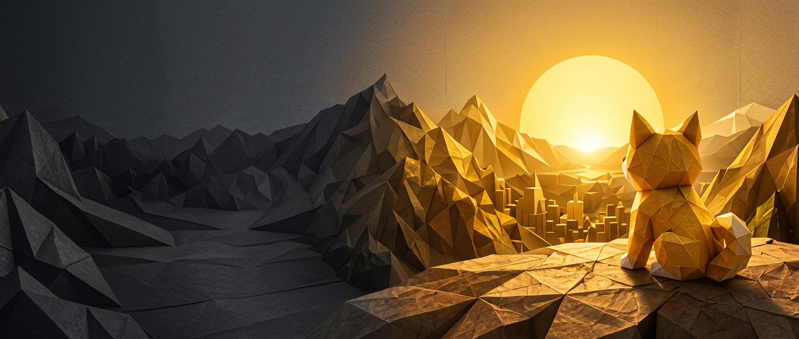 An origami Doge looking toward a golden sunset over paper mountains